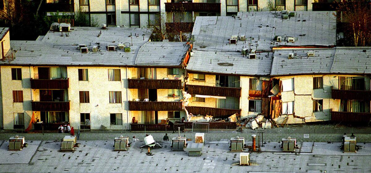 The Northridge Meadows apartment complex collapsed during the 6.7-magnitude earthquake on Jan. 17, 1994.