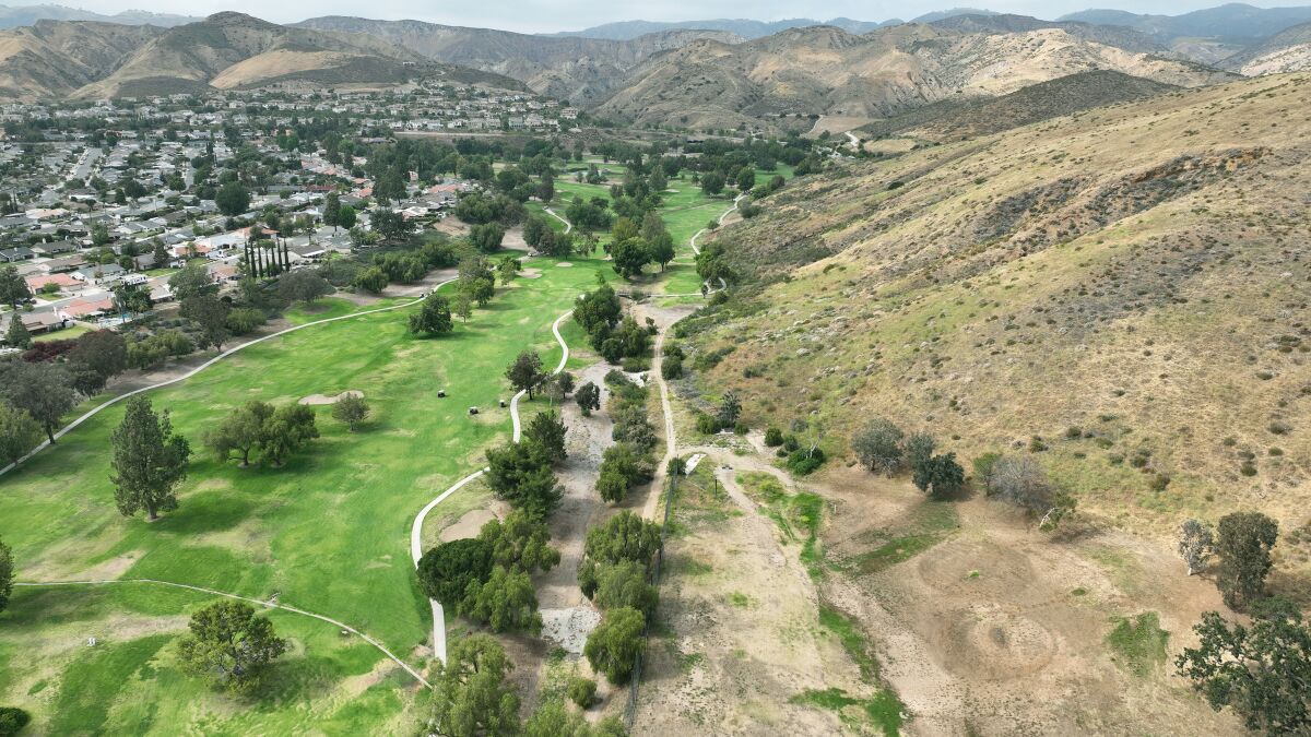 An aerial view of a golf course.