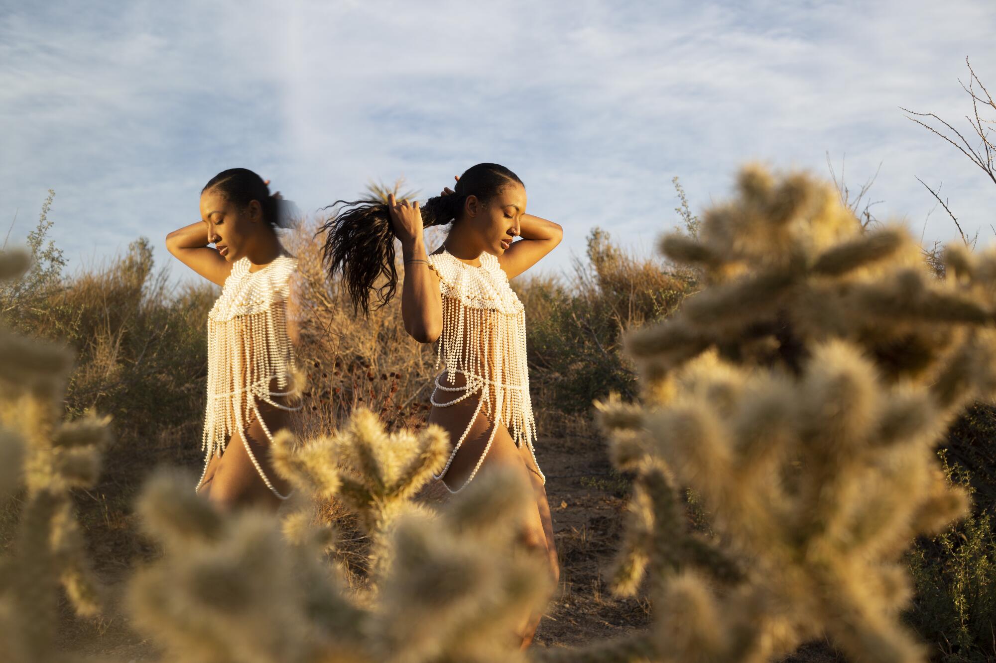 Back-to-back images of a woman surrounded by a desert landscape