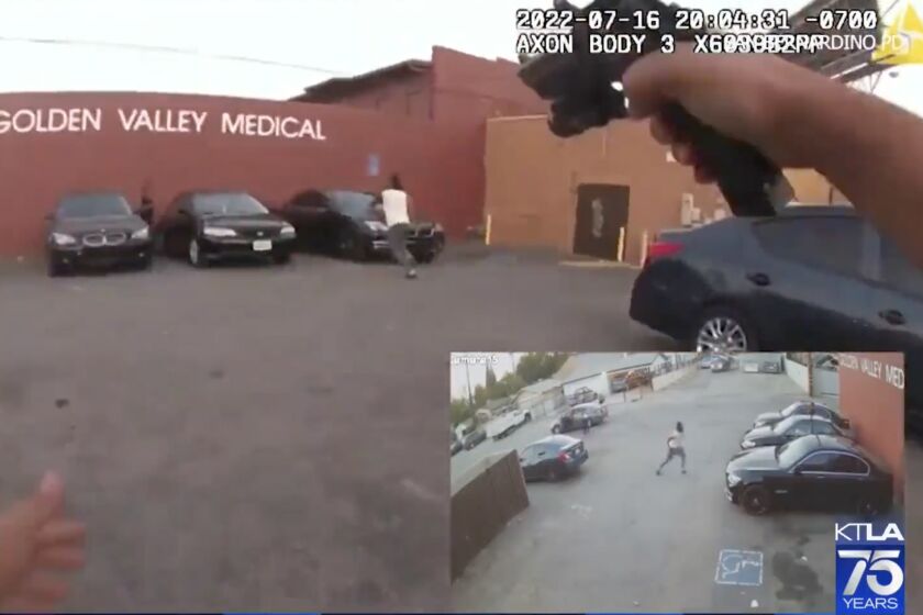San Bernardino Police body camera and surveillance camera footage. Robert Adams, 23, was killed by police during a July 16 confrontation in the parking lot of an illegal gambling business in the city of San Bernardino. Footage from a surveillance camera and a police officer's body camera showed Adams approaching an unmarked police car, then turning and running between two parked cars before being shot.