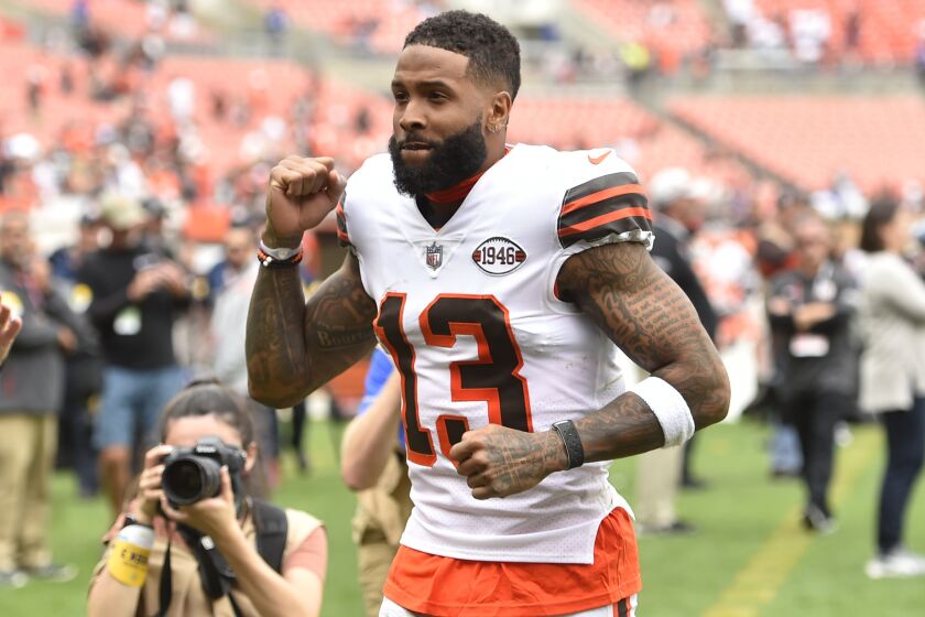 Browns receiver Odell Beckham Jr. walks on the field after a game
