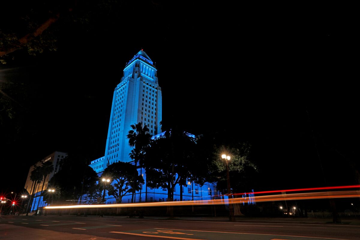 Los Angeles City Hall, illuminated in blue