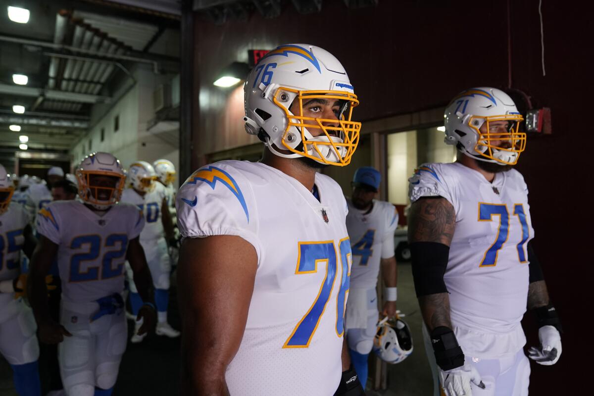 Chargers guard Oday Aboushi and guard Matt Feiler wait to take the field.