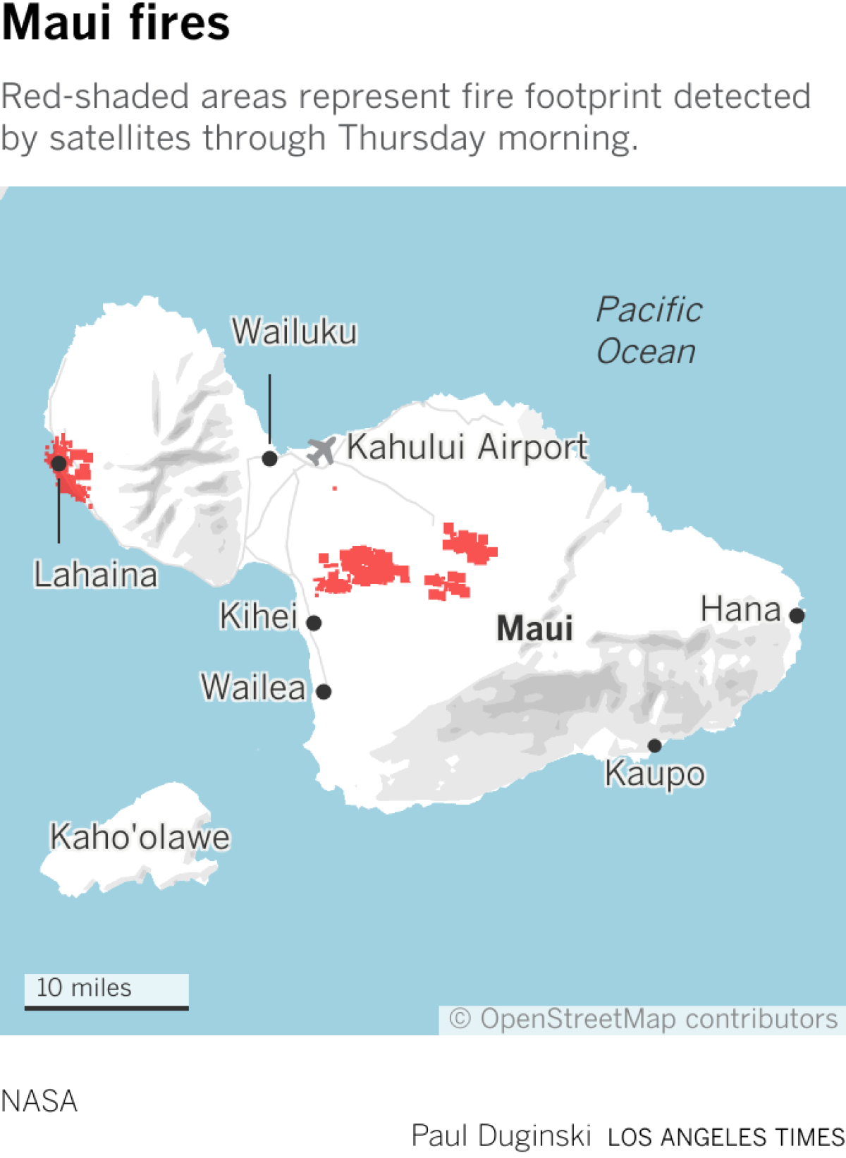 Map of fire footprints as of Thurs., 8-10-23, on Maui.