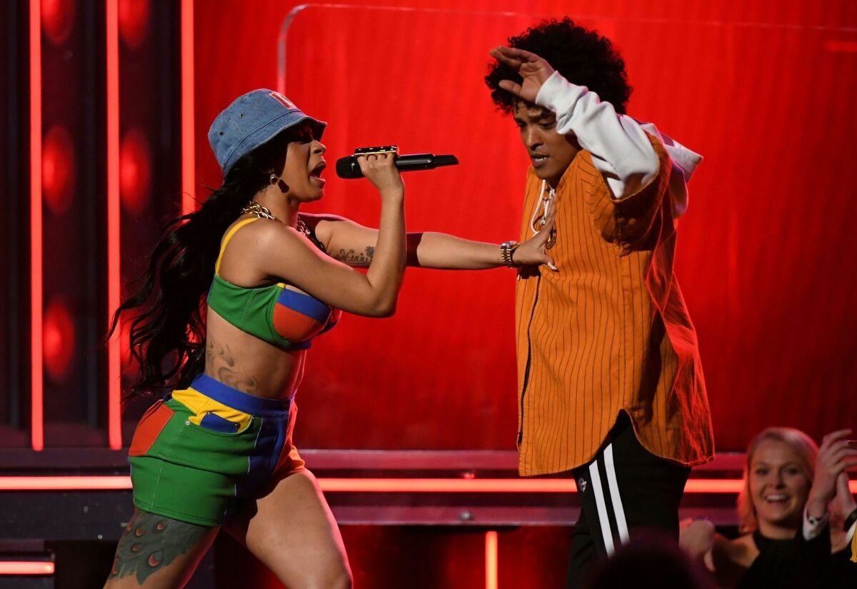 Cardi B and Bruno Mars at the Grammy Awards.