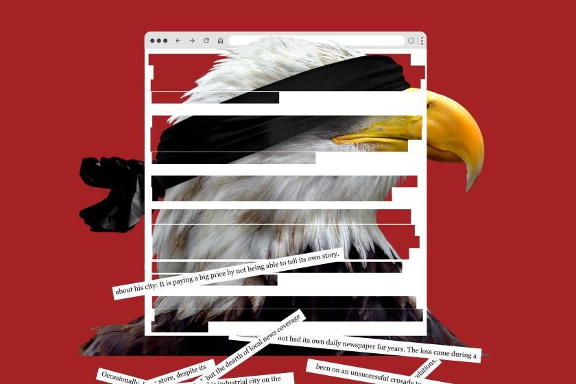 A blindfolded eagle is seen through a website screenshot that has lines of the story cut out. The lines are falling down.