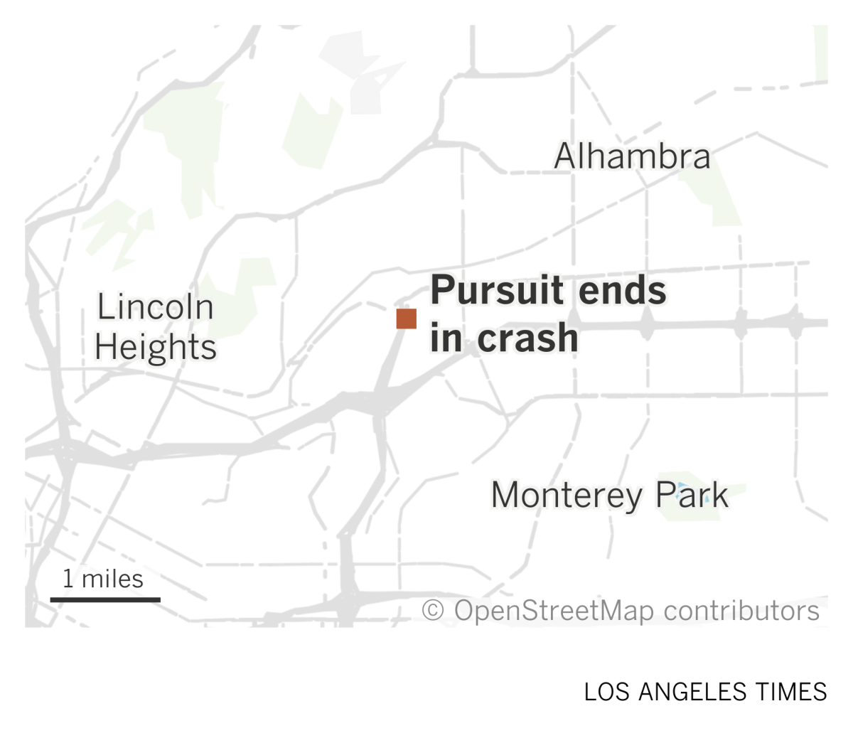 A map of the Eastside of Los Angeles shows were a police pursuit ended in a crash near Alhambra