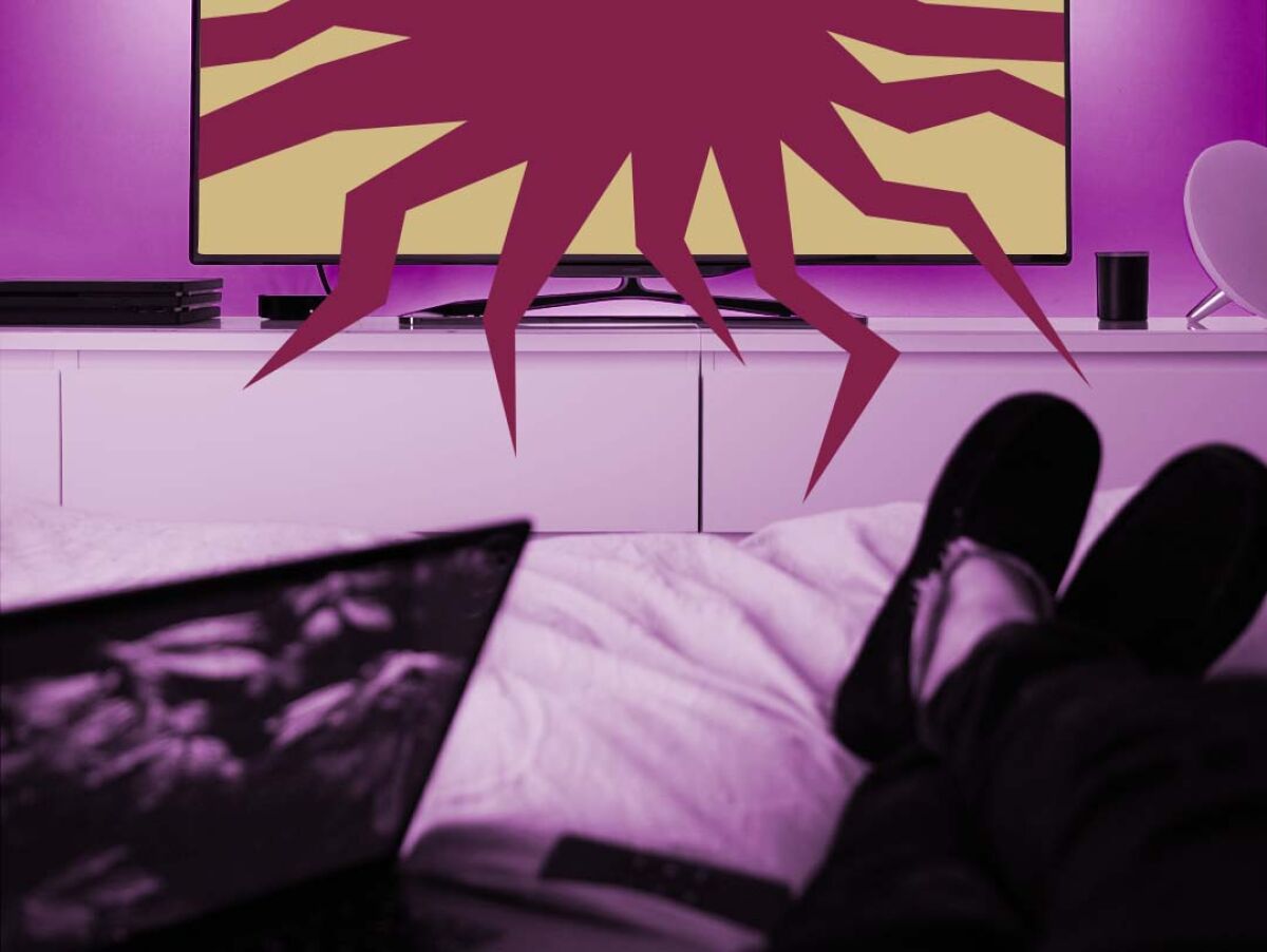 The view of a person watching tv in bed, with an illustrated burst protruding from the screen.