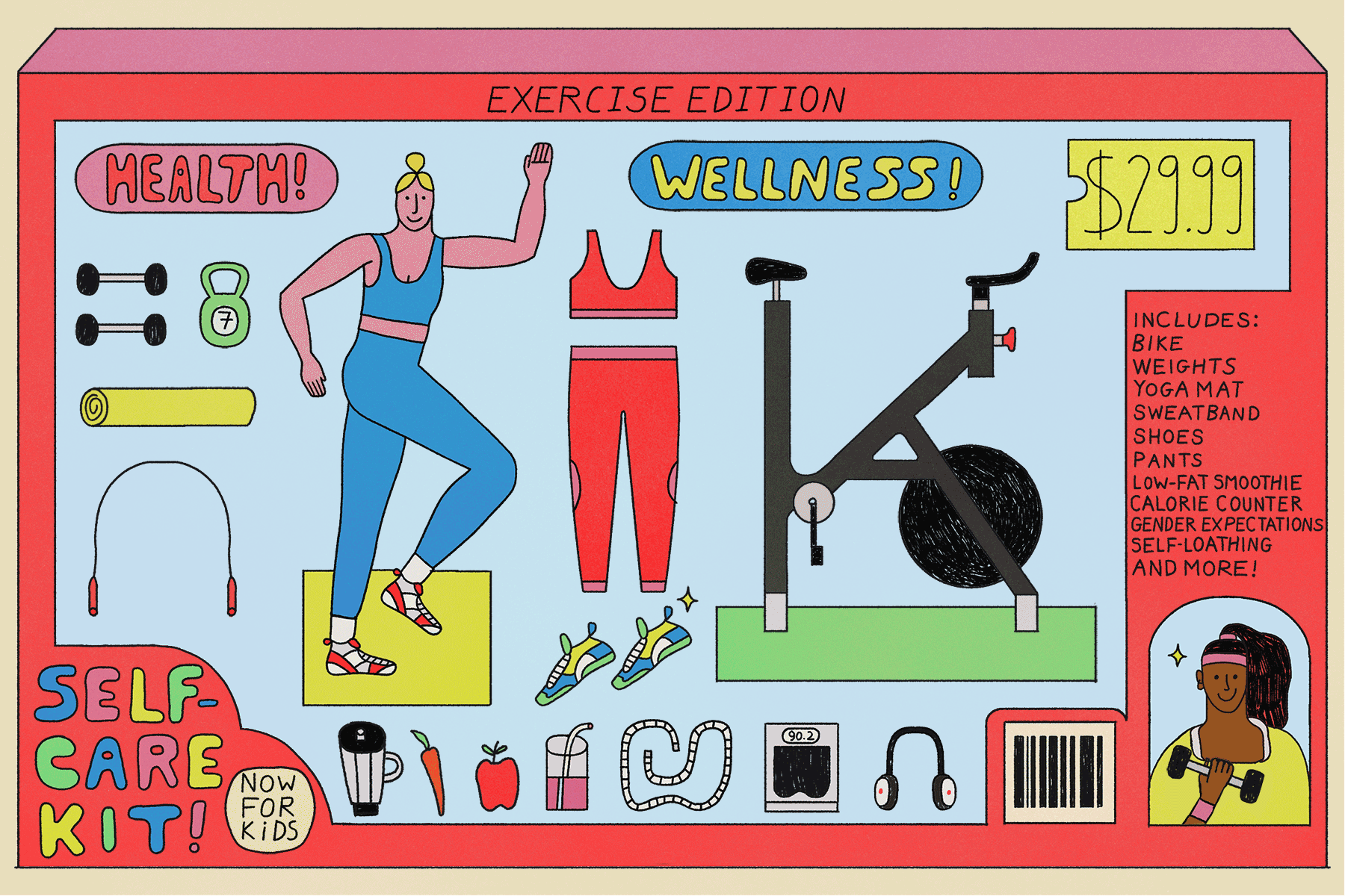 Illustration of a "self care kit" that includes a pelaton, exercise barbie and workout gear 