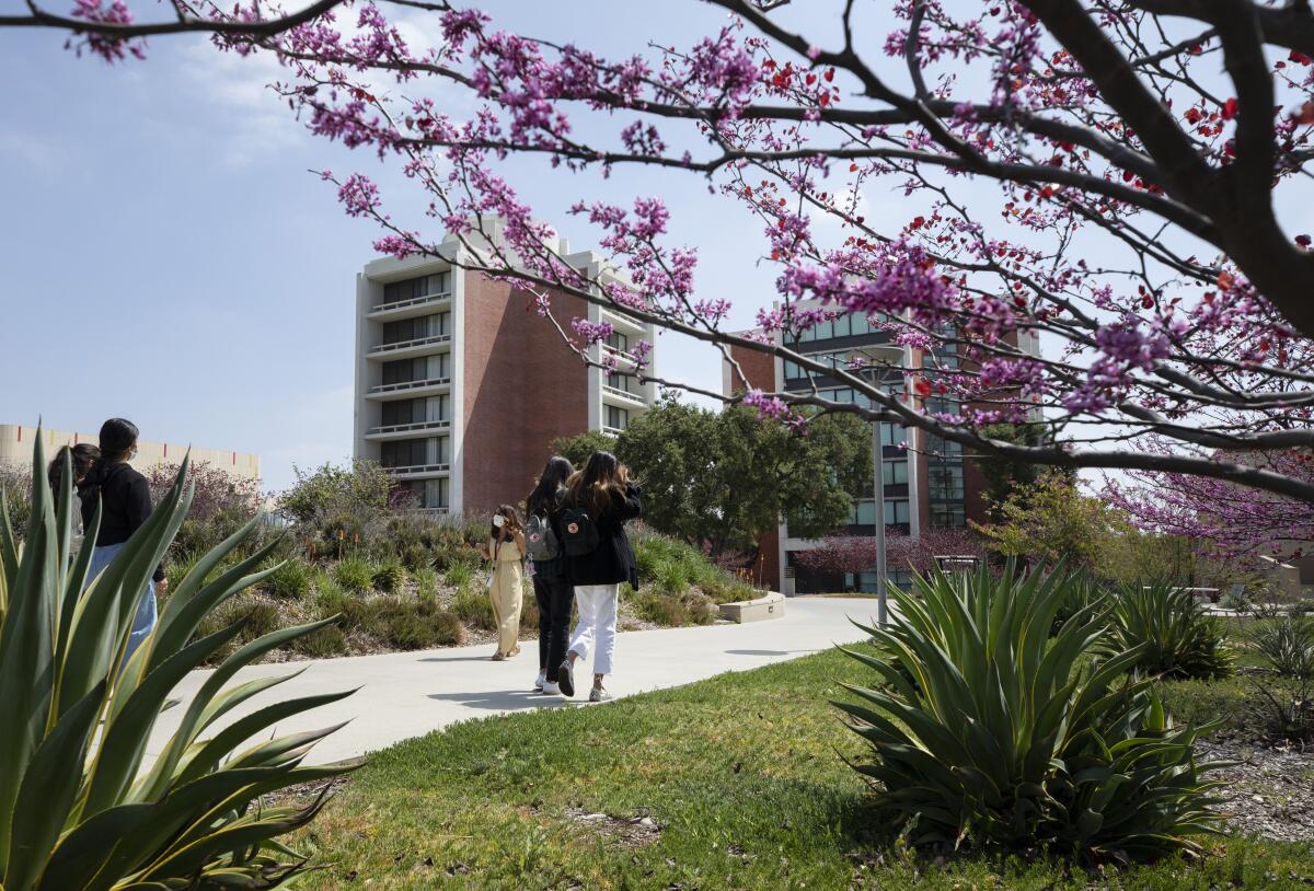 A campus tour takes place at Claremont McKenna College on Monday, April 12, 2021 