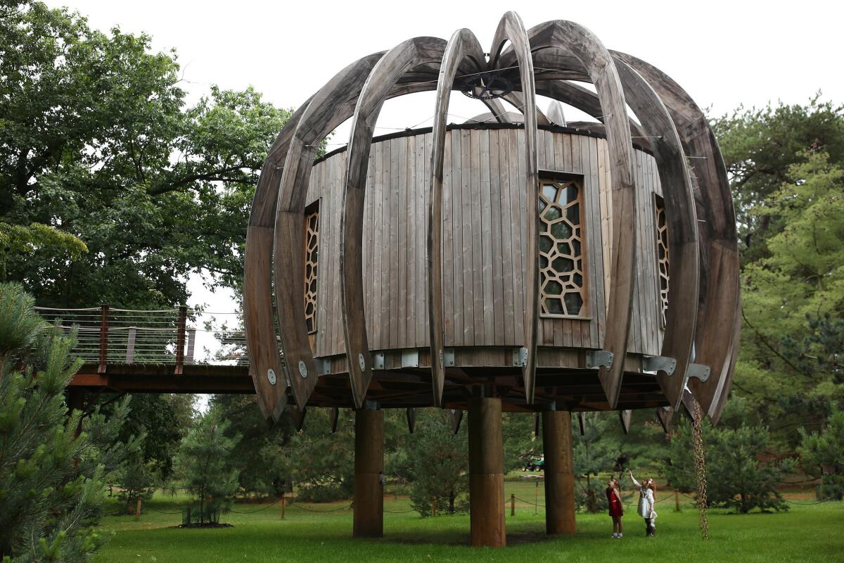 Children stand underneath a new Woodland Tree House at Kew Gardens.