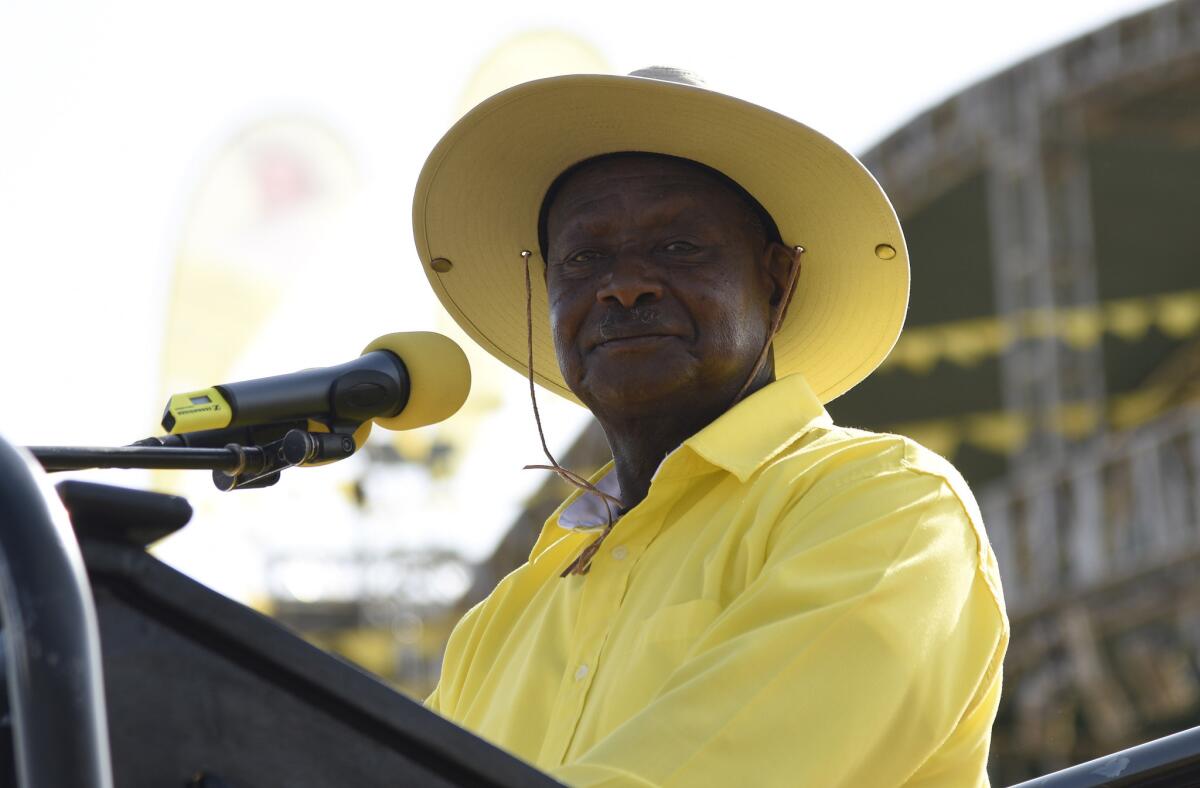 Uganda's longtime leader, Yoweri Museveni, addresses supporters in Kampala.