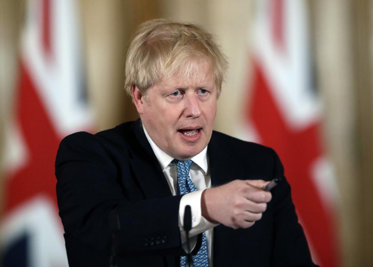 British Prime Minister Boris Johnson at a news conference about coronavirus inside 10 Downing St. in London on March 10, 2020.