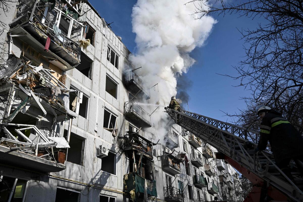 Firefighters respond to a bombing in Ukraine. 