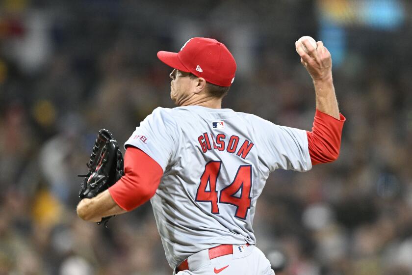 St. Louis Cardinals starting pitcher Kyle Gibson delivers during the seventh inning of a baseball game against the San Diego Padres, Monday, April 1, 2024, in San Diego. (AP Photo/Denis Poroy)