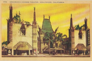 Vintage postcard shows Grauman's Chinese Theater in Hollywood, with palm trees in the courtyard and a yellow-and-orange sky.