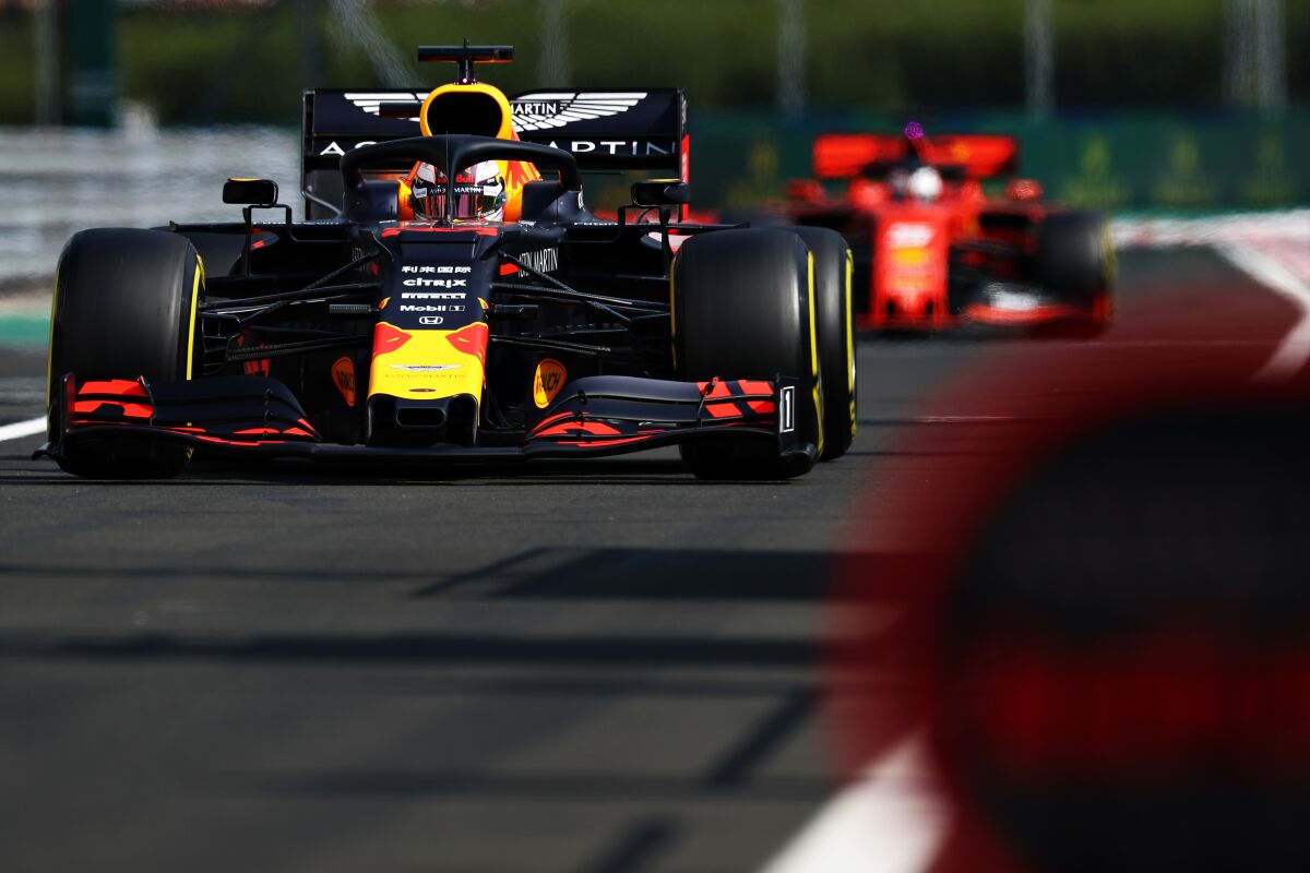 BUDAPEST, HUNGARY - AUGUST 03: Max Verstappen of the Netherlands driving the (33) Aston Martin Red Bull Racing RB15 in the Pitlane during qualifying for the F1 Grand Prix of Hungary at Hungaroring on August 03, 2019 in Budapest, Hungary. (Photo by Mark Thompson/Getty Images) ** OUTS - ELSENT, FPG, CM - OUTS * NM, PH, VA if sourced by CT, LA or MoD **