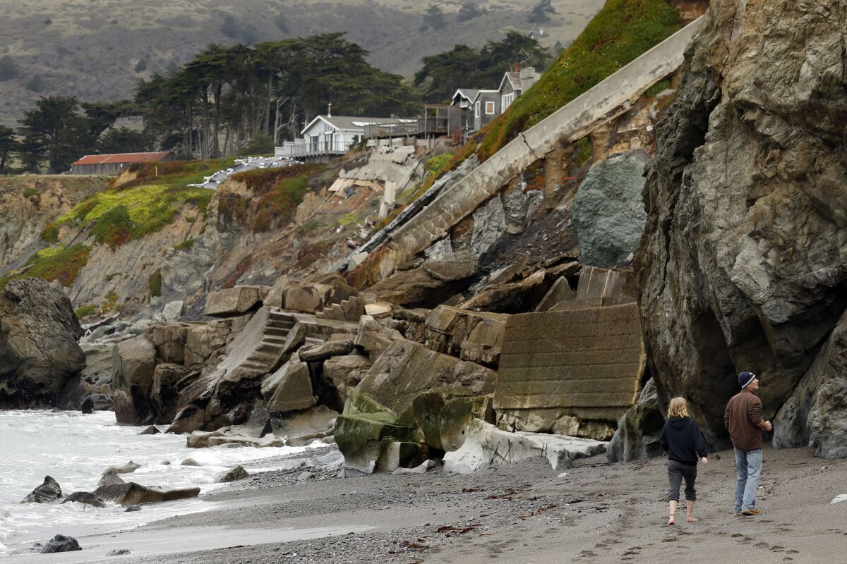 At Gleason Beach, remnants of homes and piles of broken seawalls clutter the coastline.