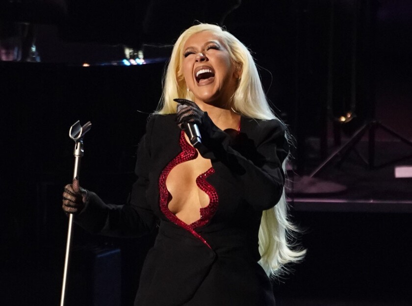 FILE - Christina Aguilera performs at the Latin Recording Academy Person of the Year gala honoring Ruben Blades in Las Vegas on Nov. 17, 2021. Aguilera's Spanish-Language EP "La Fuerza" releases on Friday, Jan. 21. (AP Photo/Chris Pizzello, File)