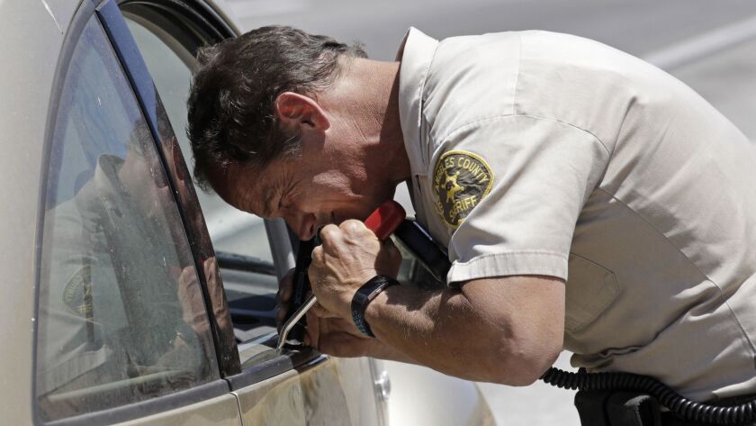 A deputy on the Los Angeles County sheriff's Domestic Highway Enforcement team inspects a car on the 5 Freeway earlier this year. The Sheriff's Department has suspended operations by the team, which pulled over thousands of innocent Latino motorists in search of drugs.