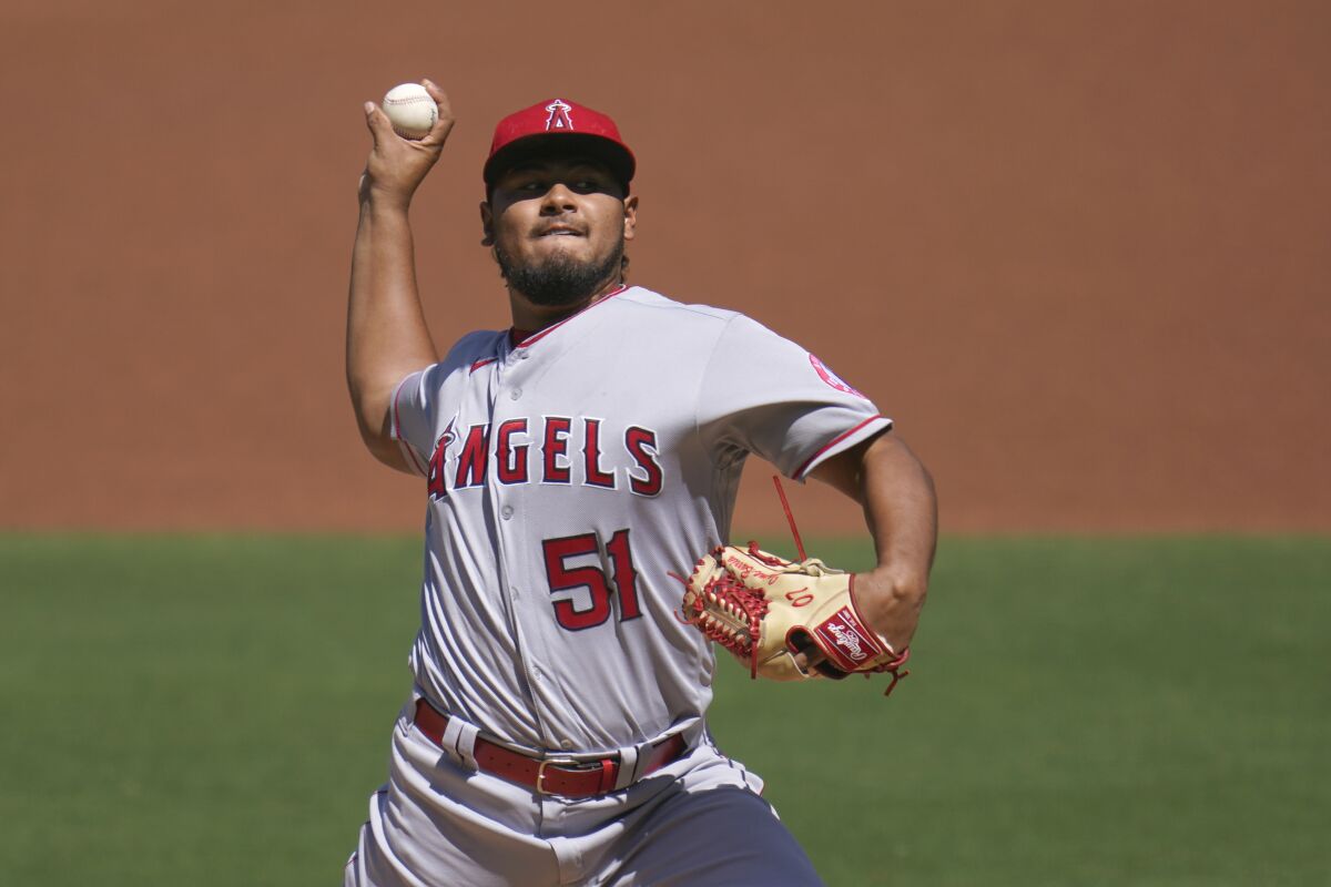Jaime Barria pitches for the Angels on Sept. 23, 2020, in San Diego.