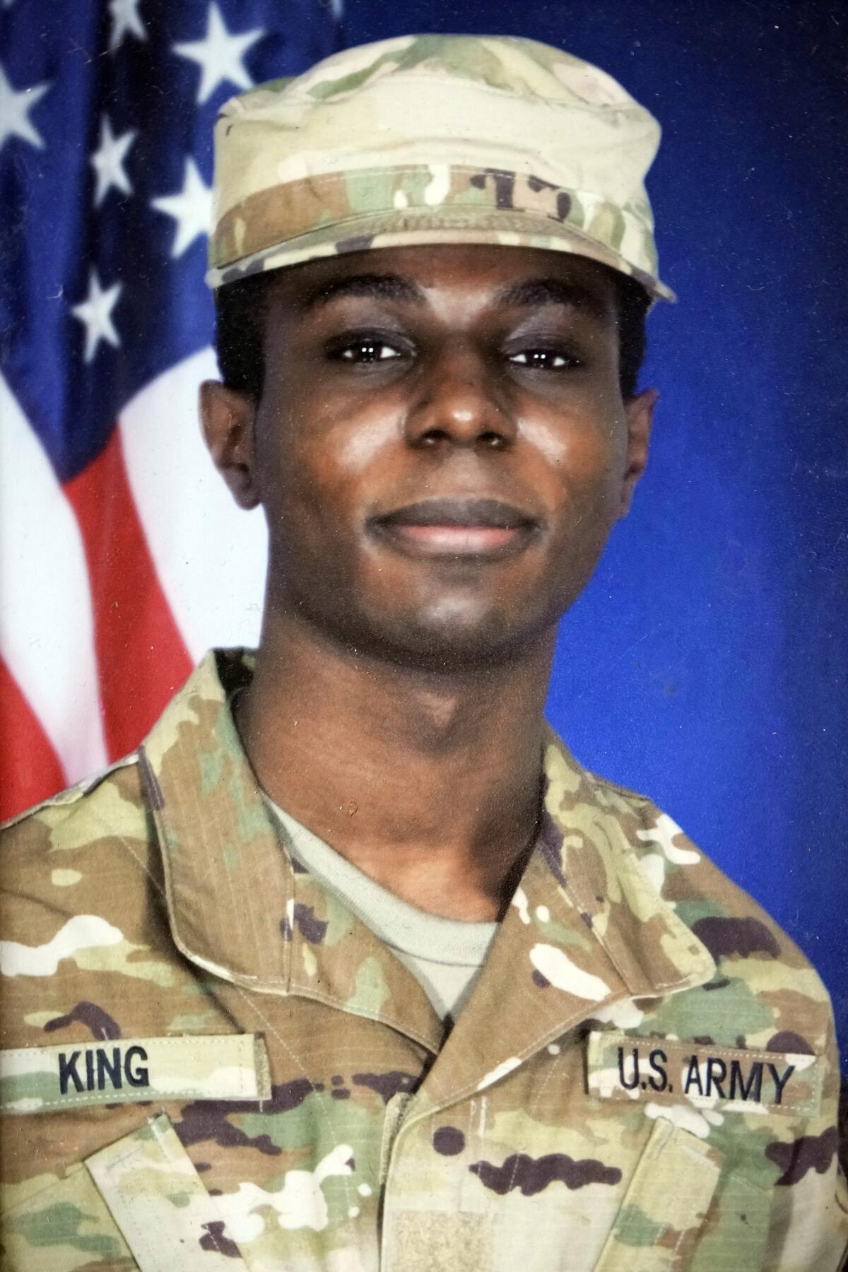 A portrait of U.S. soldier Travis King in uniform.
