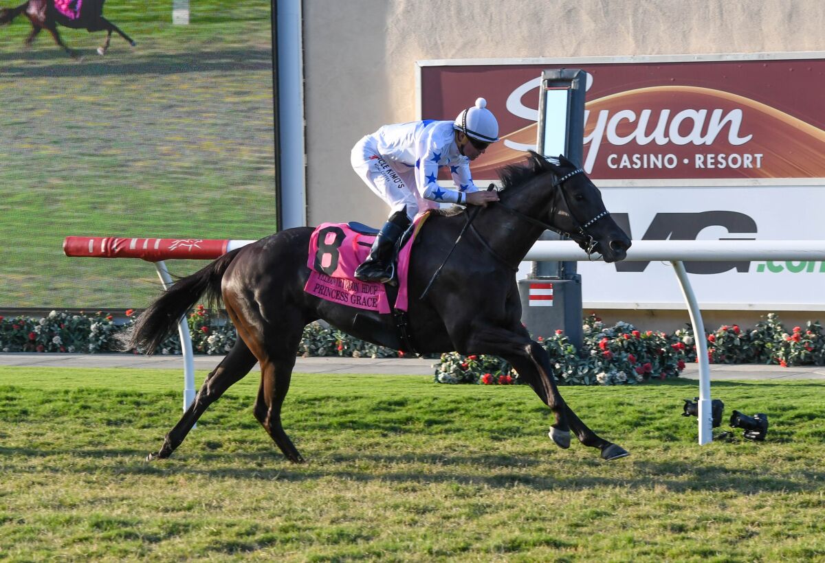 Princess Grace on her way to her win in the Grade II, $202,000 Yellow Ribbon Handicap at Del Mar.