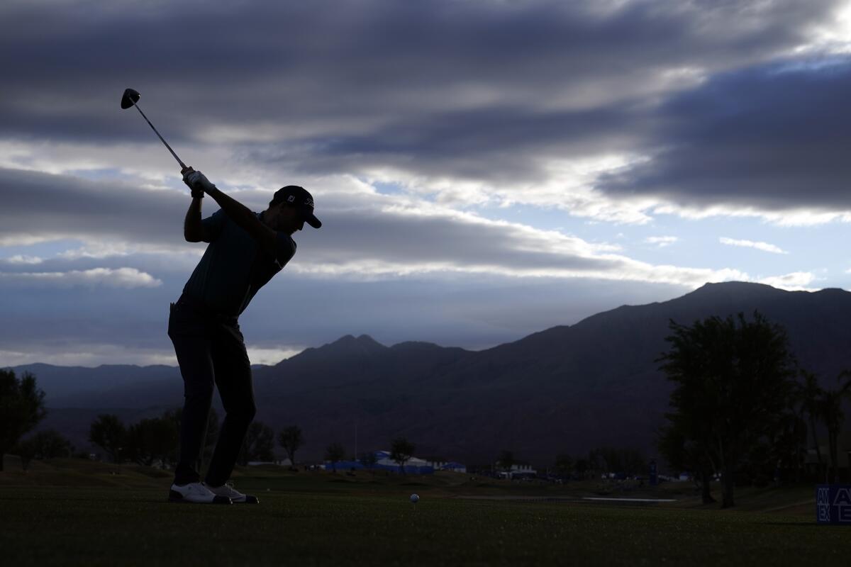 Lee Hodges hits from the ninth tee during the third round of the American Express golf tournament on the Pete Dye Stadium Course at PGA West, Saturday, Jan. 22, 2022, in La Quinta, Calif. (AP Photo/Marcio Jose Sanchez)
