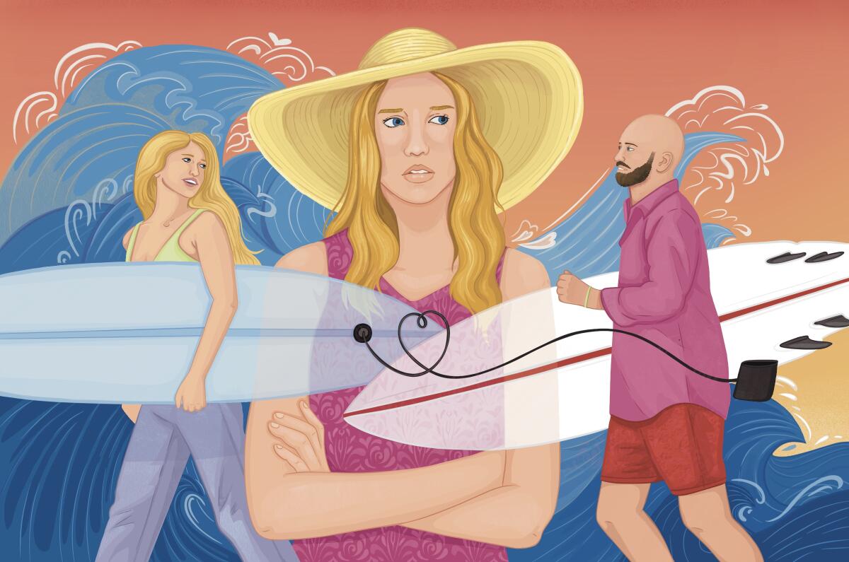 Woman standing between man and woman.