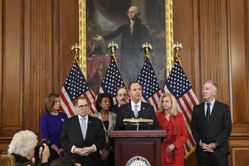 From left, House Speaker Nancy Pelosi, House Judiciary Committee Chairman Jerrold Nadler, D-N.Y., Chairwoman of the House Financial Services Committee Maxine Waters, D-Calif., Chairman of the House Foreign Affairs Committee Eliot Engel, D-N.Y., Chairman of the House Permanent Select Committee on Intelligence Adam Schiff, D-Calif., Chairwoman of the House Committee on Oversight and Reform Carolyn Maloney, D-N.Y., and House Ways and Means Chairman Richard Neal, unveil articles of impeachment against President Donald Trump, during a news conference on Capitol Hill in Washington, Tuesday, Dec. 10, 2019.(AP Photo/Susan Walsh)
