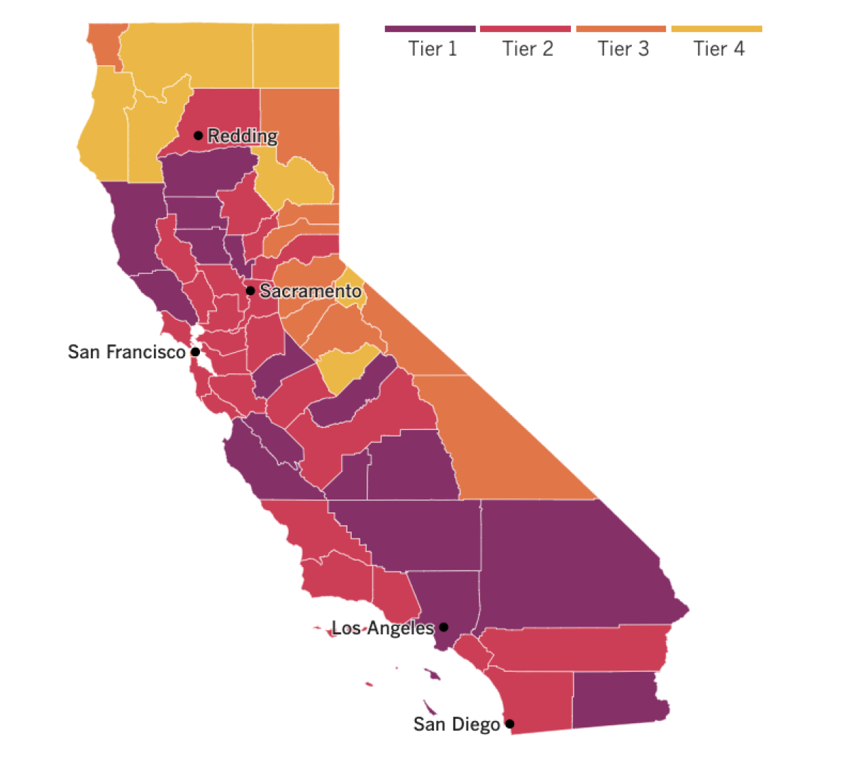 A map of California showing which tiers counties have been assigned to based on their local coronavirus transmission risk.