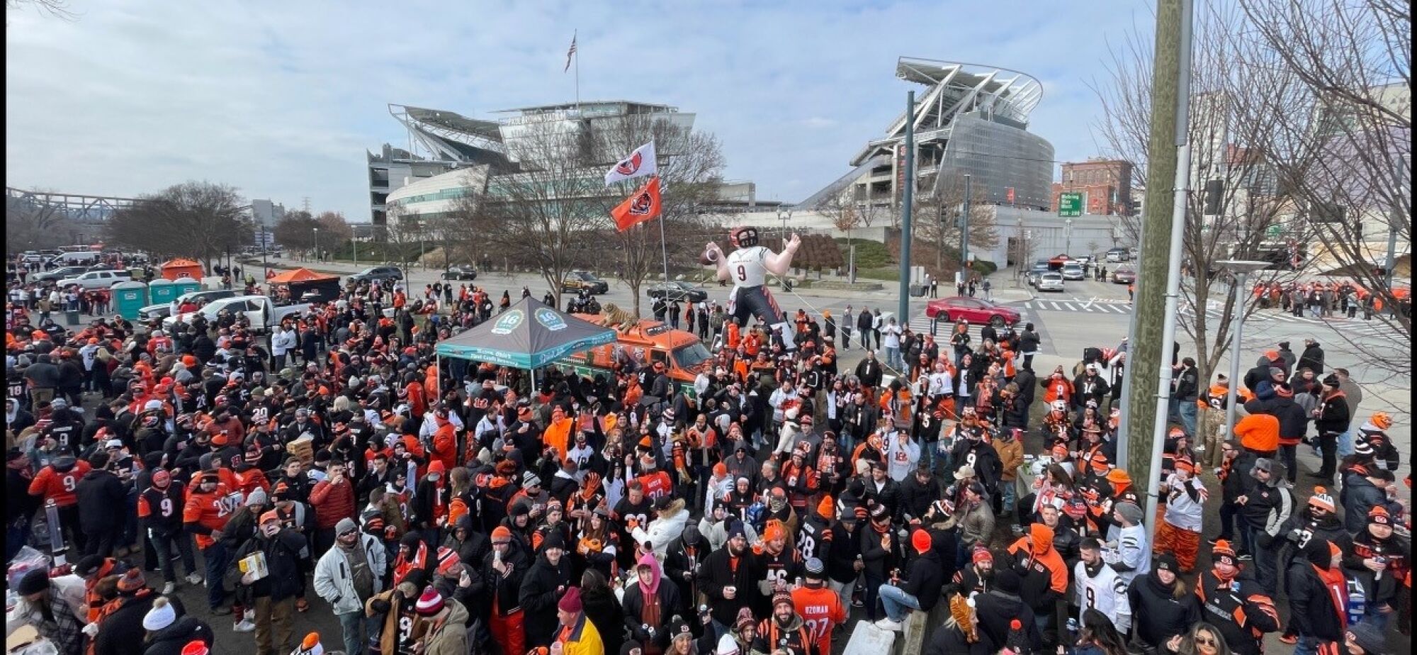 Typical tailgate party for Bengals fan Jim Foster just outside the stadium.