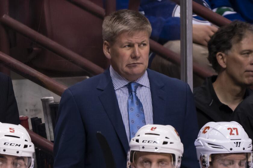VANCOUVER, BC - OCTOBER 3: Head Coach Bill Peters in NHL action against the Vancouver Canucks in the NHL on October, 3, 2018 at Rogers Arena in Vancouver, British Columbia, Canada. (Photo by Rich Lam/Getty Images)