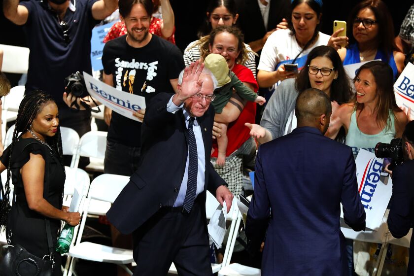 Christina House  Los Angeles Times Little Tokyo visit Bernie Sanders shared his “Medicare for all” message at a town hall on healthcare at the Aratani Theatre in Little Tokyo on Thursday, a stop on his second run for the Democratic presidential nomination.
