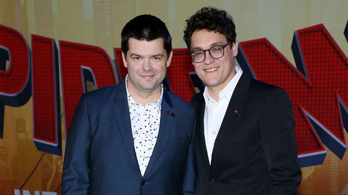 Christopher Miller, left, and Phil Lord attend the world premiere of Sony Pictures Animation and Marvel's "Spider-Man: Into The Spider-Verse" at Regency Village Theatre on Dec. 1, 2018, in Westwood.
