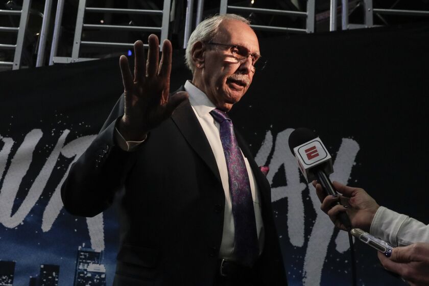 LOS ANGELES, CA, WEDNESDAY, APRIL 10, 2019 - Clippers broadcaster Ralph Lawler is interviewed courtside at Staples Center before broadcasting his final regular season game. (Robert Gauthier/Los Angeles Times)