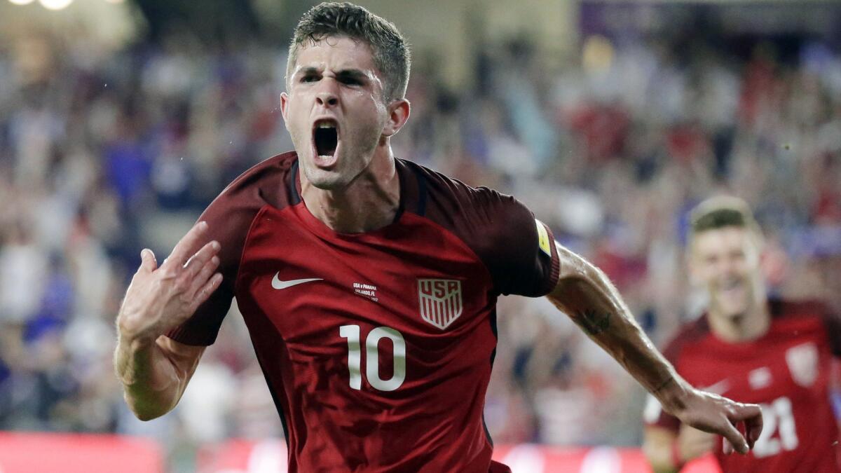 U.S. soccer player Christian Pulisic celebrates his goal against Panama during the first half of a World Cup qualifying match on Oct. 6, 2017.