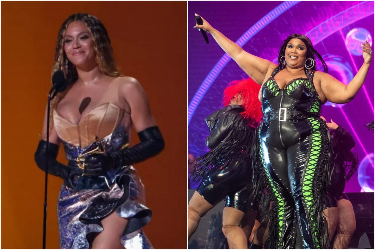 Left, Beyoncé wears a gold and silver dress as she accepts a Grammy; right, Lizzo wears a black/green outfit as she performs