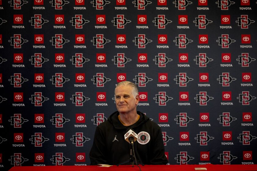 San Diego, CA - March 28: San Diego State University Men's Basketball head coach Brian Dutcher speaks to the media at a press conference at the Parma Payne Goodall Alumni Center at SDSU on Tuesday, March 28, 2023 in San Diego, CA. The team is headed to Houston this week for the school's first ever trip to the Final Four round of the NCAA tournament. (Sam Hodgson / The San Diego Union-Tribune