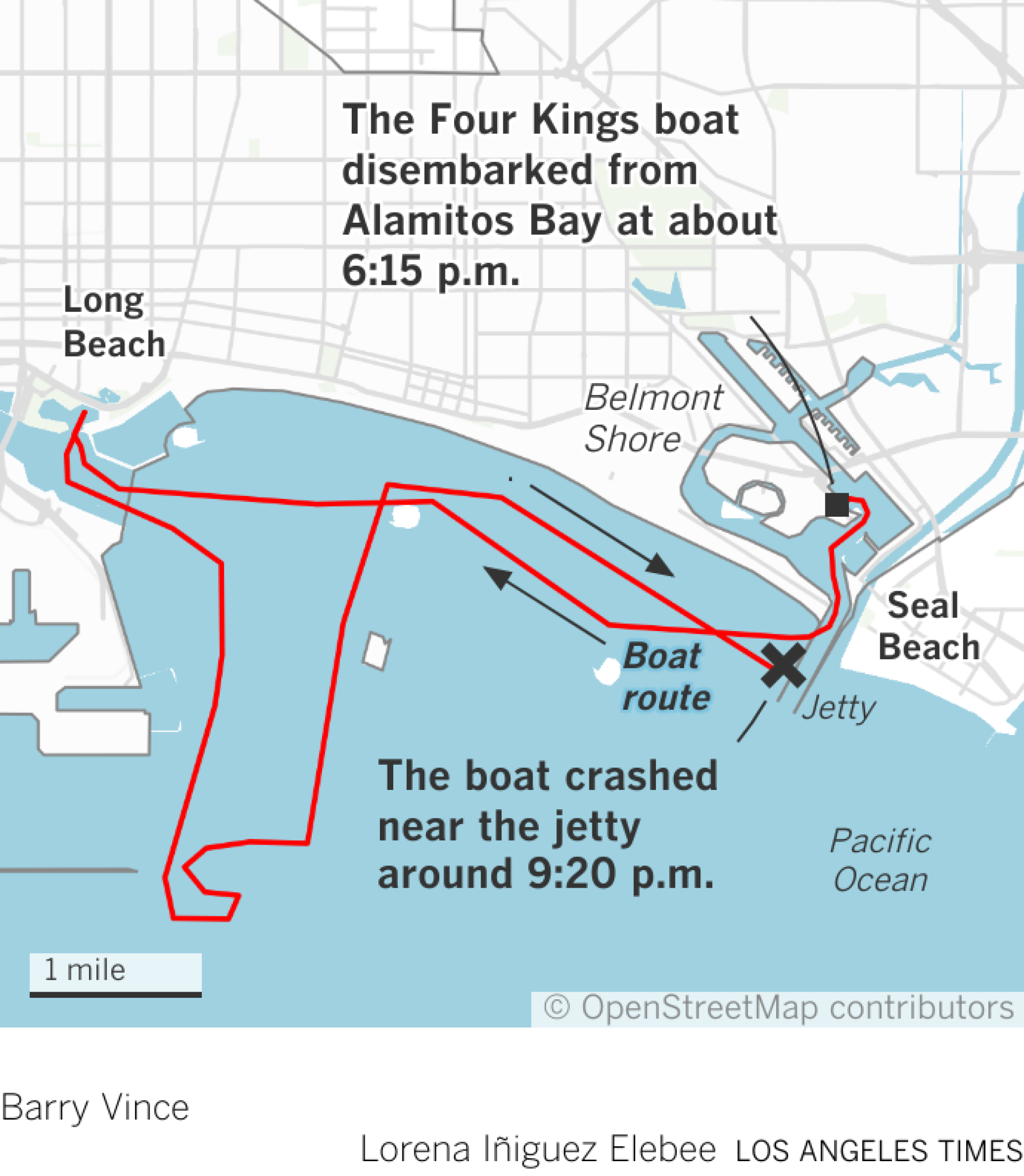 A map showing the Four Kings boat path leaving the Alamitos Bay and crashing on the peninsula.