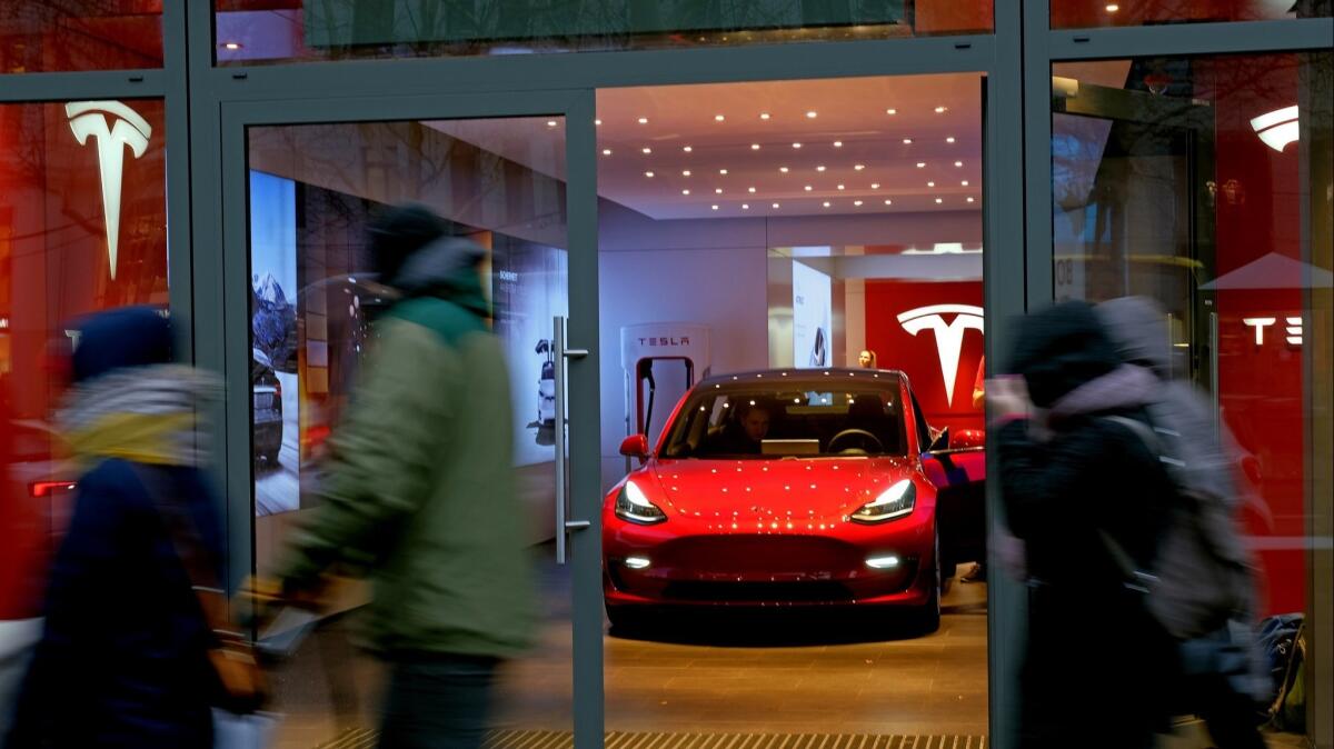 A Tesla retail store in Berlin. More Model 3s were sold in the U.S. in May than in April, according to InsideEVs, but demand this year remains far below its level in late 2018.