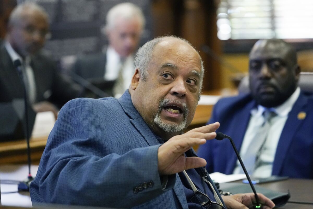 FILE - Mississippi state Rep. Earle Banks, D-Jackson, asks a question at the Mississippi state Capitol in Jackson, Miss., Oct. 18, 2022. Banks and nine other white lawmakers have been chosen Tuesday, March 21, 2023, to negotiate final versions of bills that could expand the territory of a state-run police department inside Mississippi's majority-Black capital city. (AP Photo/Rogelio V. Solis, File)