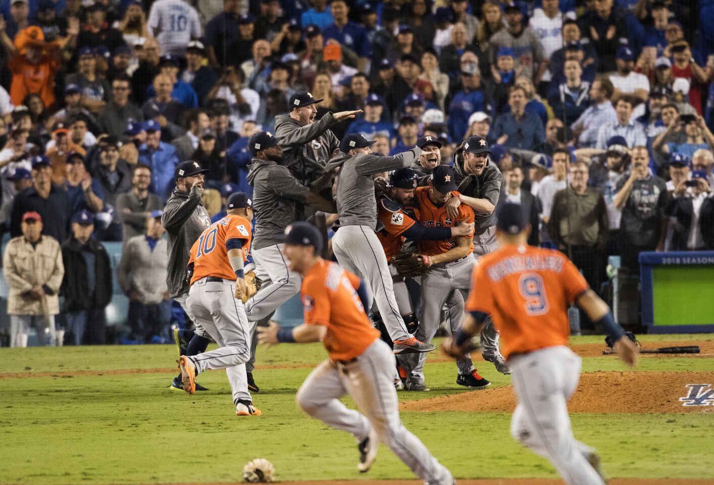 The Houston Astros celebrate beating the Dodgers to win the World Series.