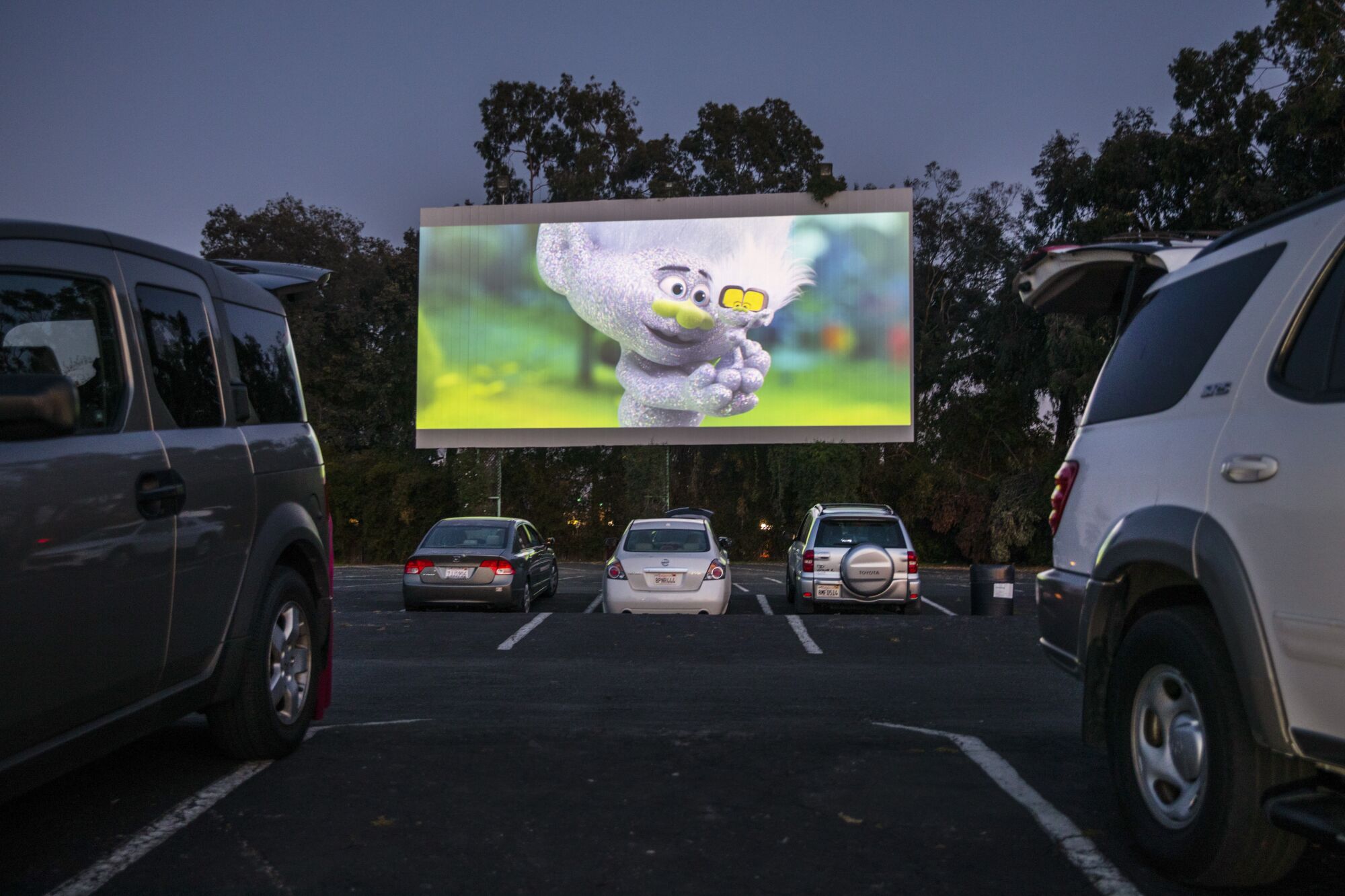 A scene from “Trolls World Tour,” at the Mission Tiki Drive-in Theatre, in Montclair, CA.