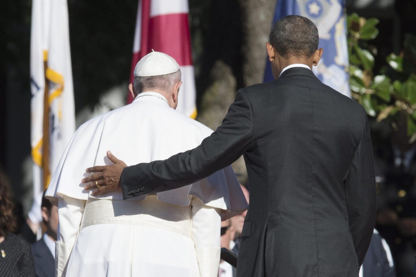 Pope Francis attends an arrival ceremony with President Barack Obama on the South Lawn of the White House on Sept. 23, 2015.