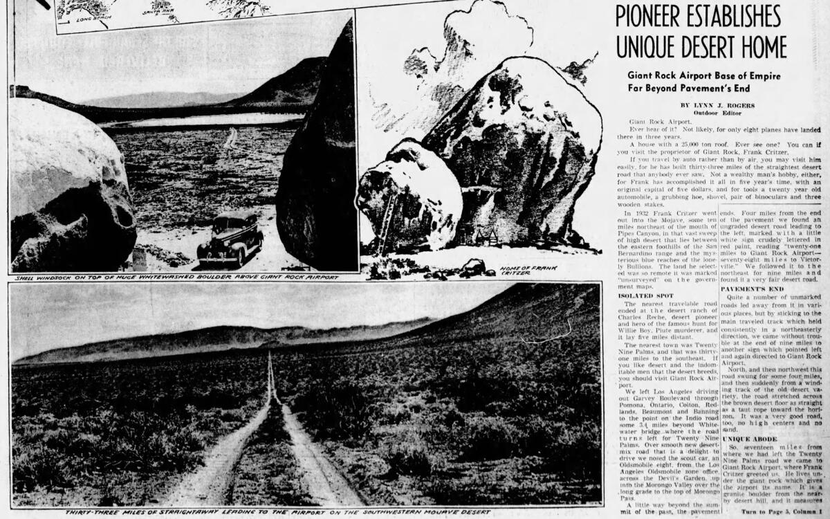Newspaper clipping has images of Giant Rock and the road leading to it. Headline: Pioneer Establishes Unique Desert Home