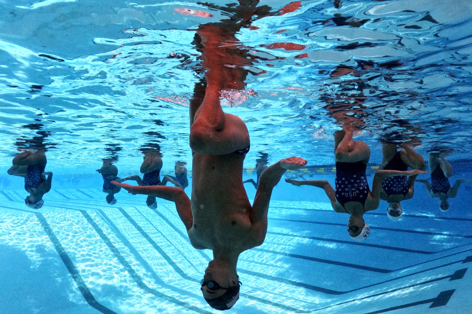 The USA Artistic Swimming team, including Kenny Gaudet, practices at UCLA in September.