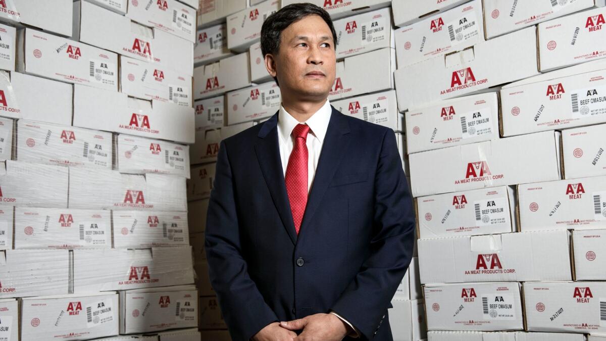 Pat Yan, chief executive of AA Meat Products, at his company's Vernon facility on May 9. 2017. Yan came to the U.S. from China as an 18-year-old in 1989 and now runs a meat empire with more than $1 billion in annual revenue.