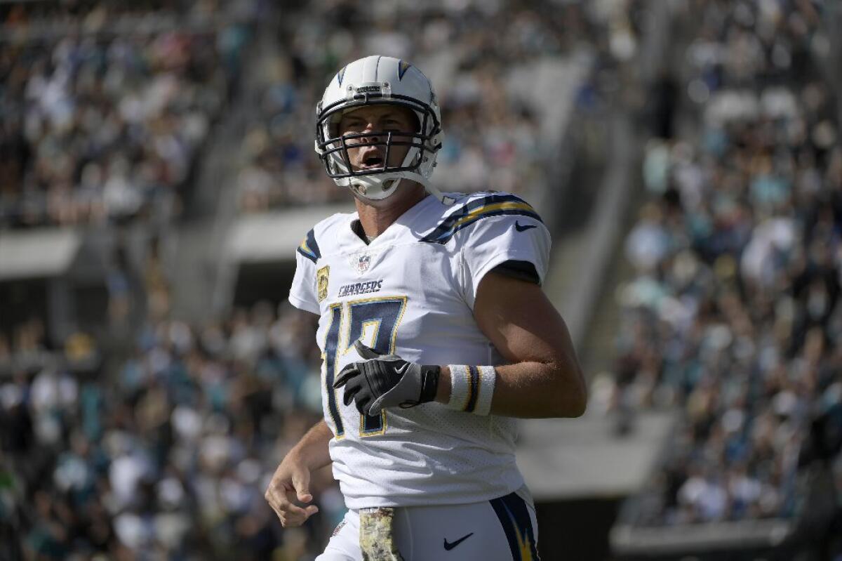 Chargers quarterback Philip Rivers reacts after a play during a Nov. 12 game against the Jaguars in Jacksonville, Fla..