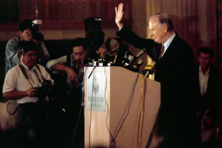 Newly eleected Mayor Richard Riordan at a press conference in the Biltmore Hotel the day after he won the election. Photo taken 06/09/1993